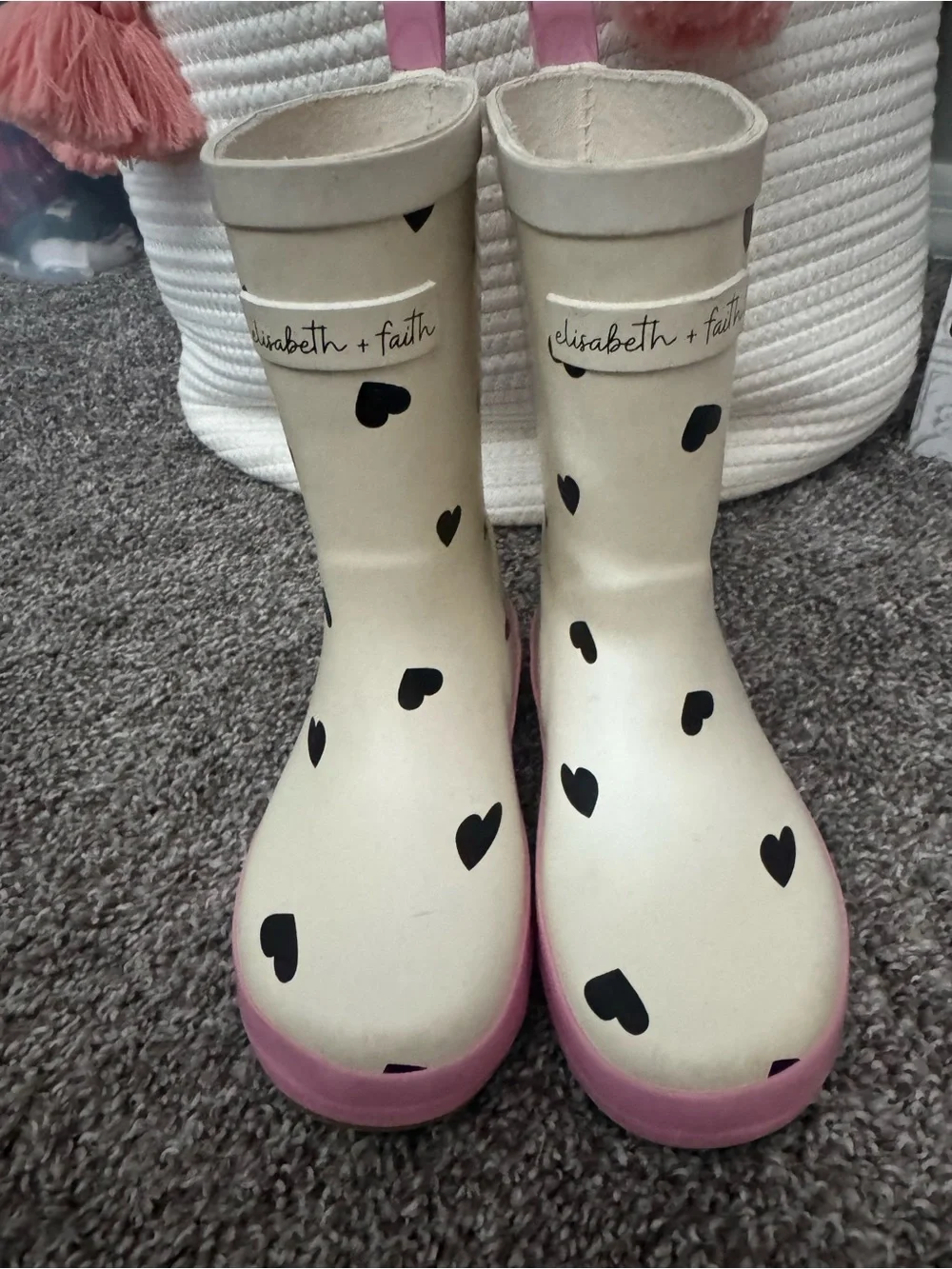 Kids Cream Heart Rain Boots with Pink Trim